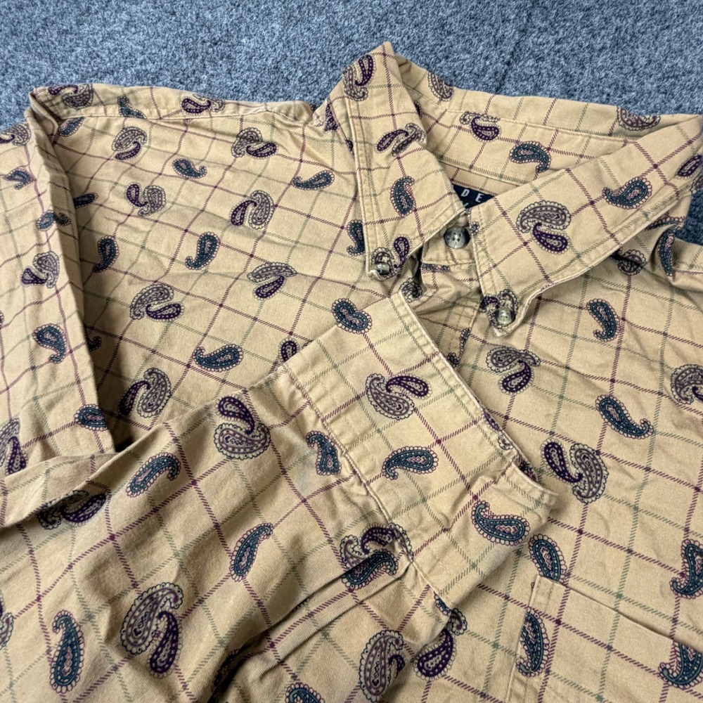 Trader Bay Mens XL Long Sleeve Button Down Shirt Paisley Grid Check Tan Cotton
